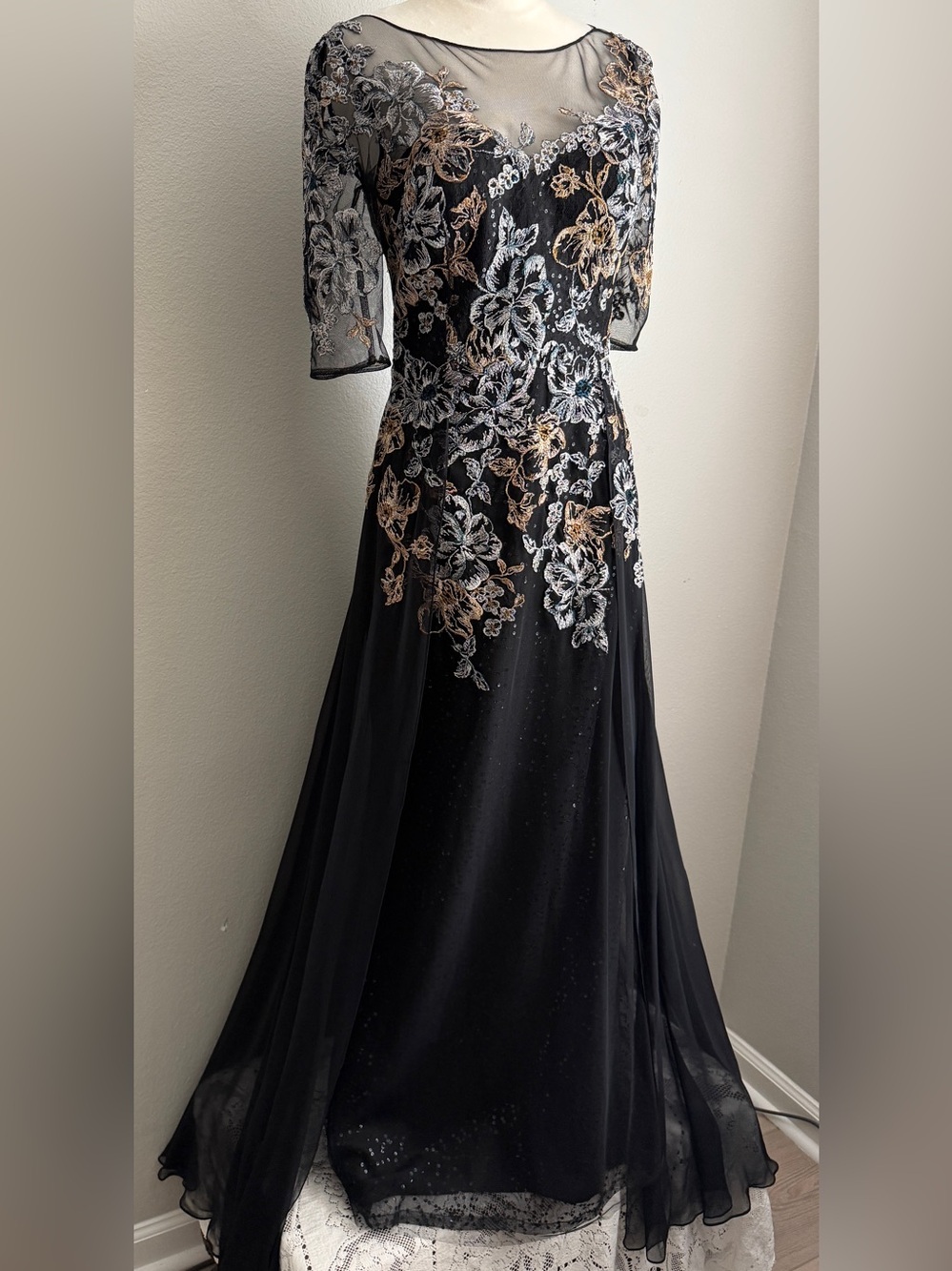 Teri Jon Rickie Freeman Silk Formal Gown Illusion Lace Sequin Dress 4